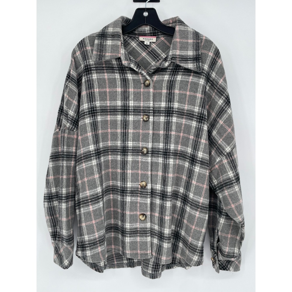 Andree by Unit Womens Grey Pink Plaid Fringe‎ Back Shacket Flannel Shirt Size M